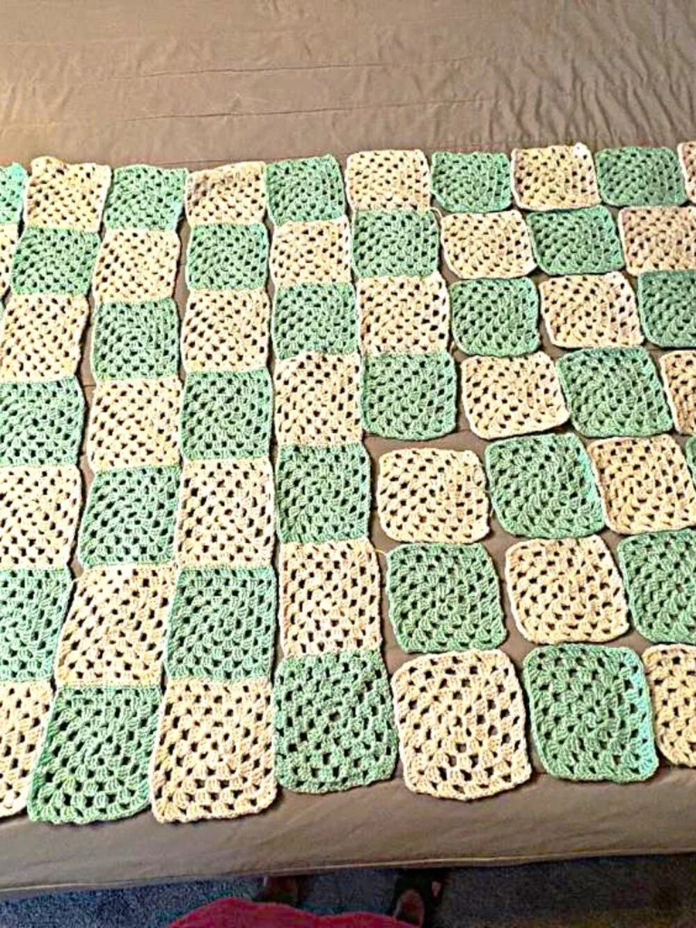 Mint green & White Checkerboard Granny Square Toddler Baby Afghan to be finished